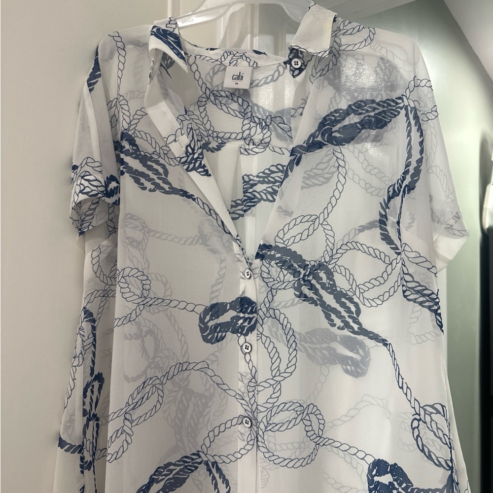 CAbi White and Blue Sheer Blouse